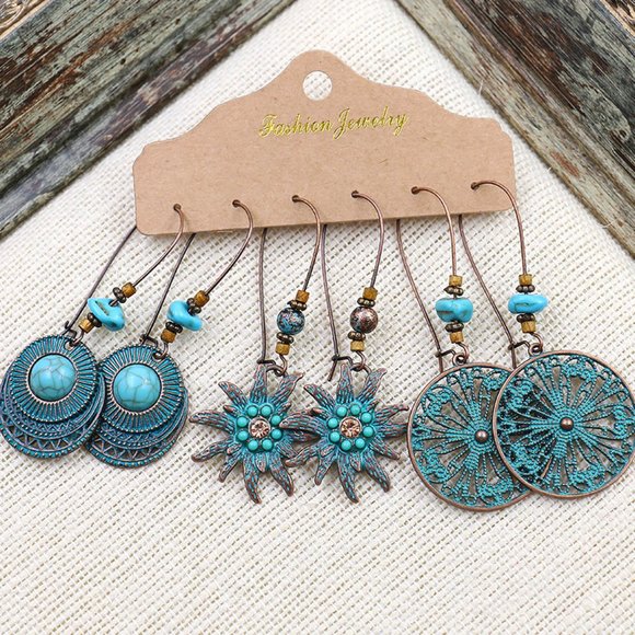 3 Pairs/Set Bohemian Boho Earrings Hook Drop Dangle - Teal, Starfish,‎ Ma… - Picture 2 of 3